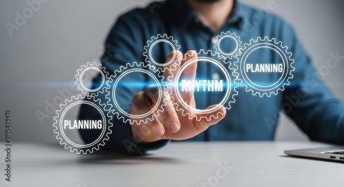 Businessman interacting with glowing digital gears labeled planning rhythm on futuristic interface, for workflow organization, business process management, achieving operational excellence