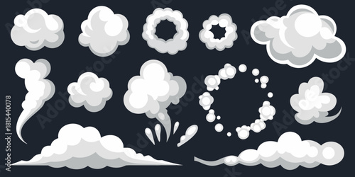 Cartoon smoke and steam effects collection on dark background vector illustration