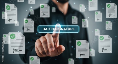 Businessman touching holographic screen for batch signature approval multiple digital documents, for streamlined workflow, efficiency, modern electronic contract signing technology