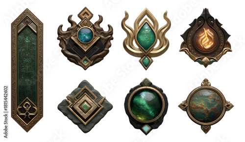 Intricate 3D Carved Emblems Inspired by Arcane Themes for Fantasy Illustrations