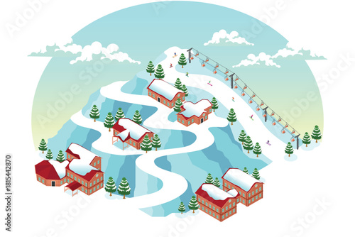 Isometric Skiing Winter Vacation Resort Vector Illustration