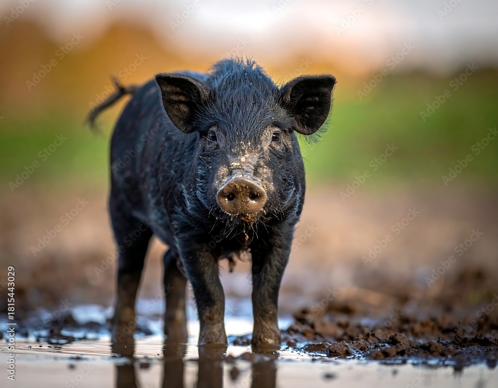 Fototapeta premium A black piglet stands in muddy water, looking towards the viewer