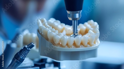 Precision dental milling machine shaping a prosthetic tooth on a dental model for restorative dentistry in a modern laboratory