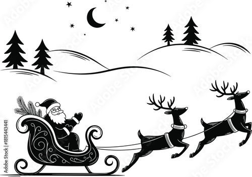 moon, stars, pine trees, perfect for Christmas cards, seasonal clipart, holiday decor, storybook vector