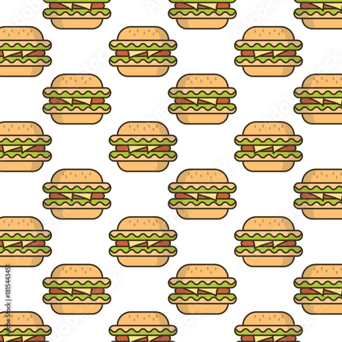 Flat Line Sandwich Delicious Burger Seamless Pattern Background Design