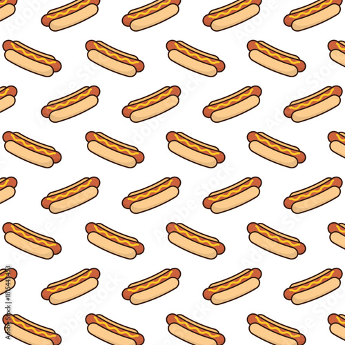 Cartoon Style Detailed Hotdog and Mustard Seamless Repeat Pattern Food