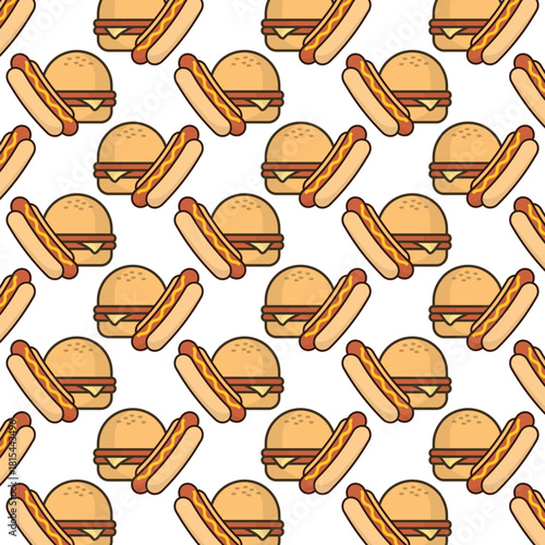 Flat Style Delicious Burger and Hotdog Combination Seamless Pattern Design