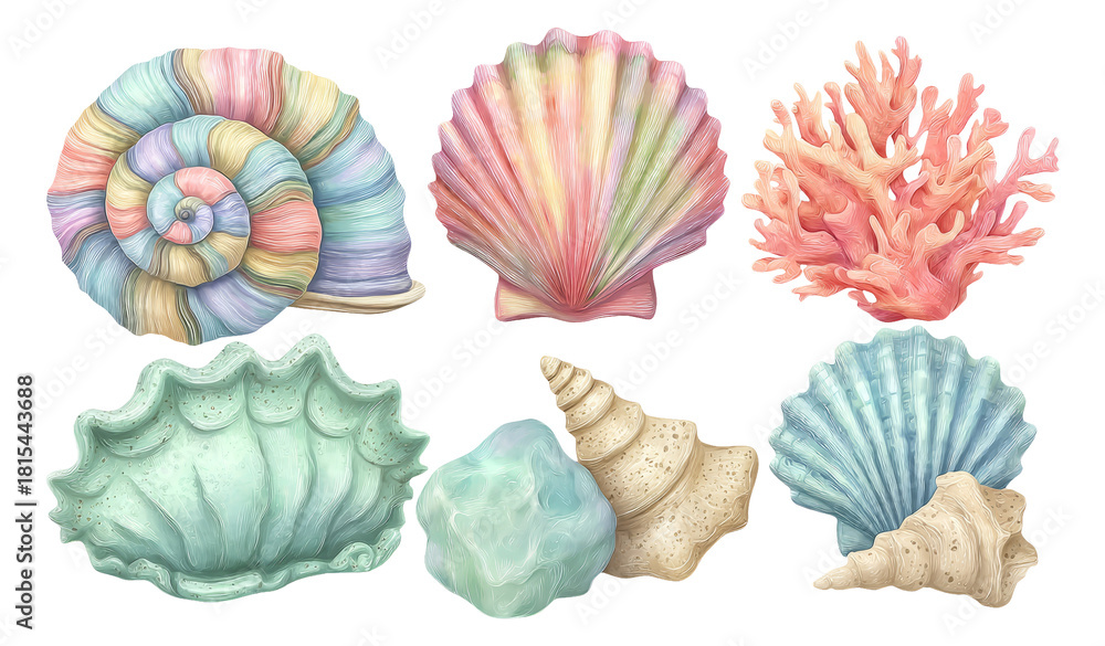 Fototapeta premium Vibrant Collection of Ocean Shells and Coral Illustrations for Summer Designs