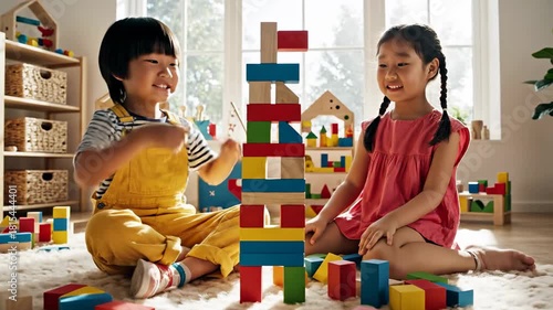 Kids Building a Tower - Collaborative Play and Childhood Development.