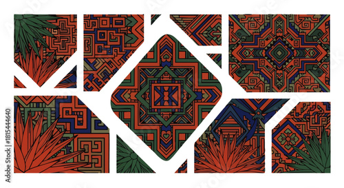 Intricate geometric patterns with vibrant colors and stylized leaves create a visually stunning and artistic composition on a white background.