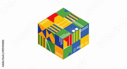 An isometric view showcases a vibrantly colored cube, its surfaces adorned with geometric patterns, creating a visually engaging abstract design on a white backdrop.