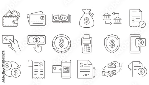 Line icons of various financial symbols and payment methods on a white background