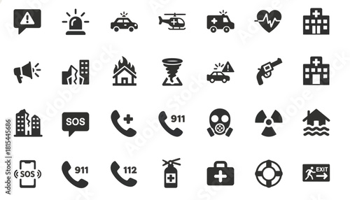 Collection of emergency service icons including phones, ambulances, and warning signs on a white background.