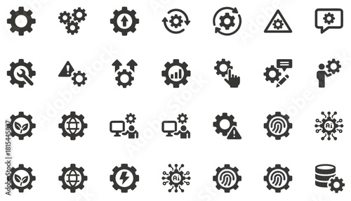 Flat lay of various gear and cog icons on a white background with a technological mood.