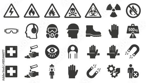 Collection of black icons depicting safety symbols and protective gear on a white background