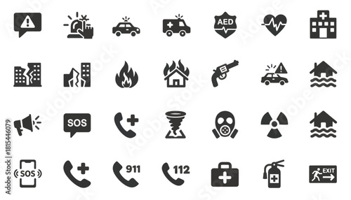 Flat lay of various emergency service icons on a plain white background.