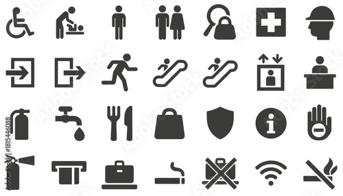 Collection of various hotel and travel related icons on a white background