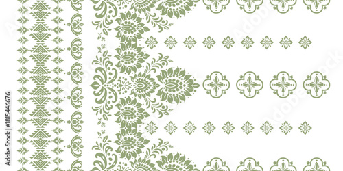 floral pattern vintage ethnic modern embroidery texture boho design vector illustration hand drawn pink flower motif branches leaves wallpaper seamless background border.	
