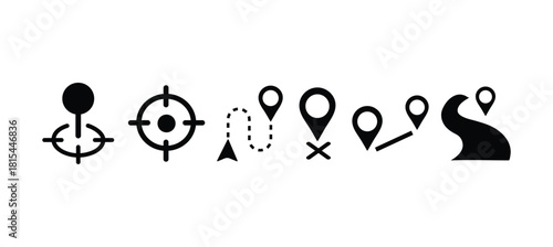 location symbols set. Mapping icon collection. Geolocation map path distance. GPS cartography position. Pinpoint, map search