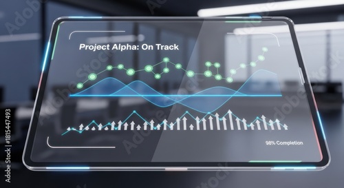 Futuristic transparent tablet with project alpha status report with green node graph chart for ninety eight percent completion, for progress successful management