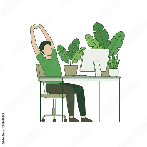 Man stretching at his desk with a computer and plants, promoting wellness and healthy habits in the workplace