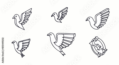 A collection of simple black and white dove illustrations depict peace, freedom, and environmental conservation concepts on a plain background.