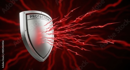 Silver shield labeled protection deflecting incoming red energy streaks viral threats, for security, defense, antivirus software, digital safety measures