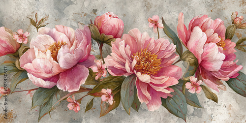 Delicate pink peonies and buds with green leaves on a textured background