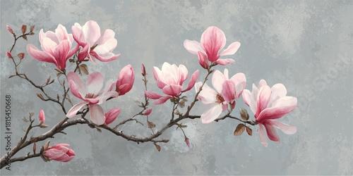 Delicate pink magnolia blossoms unfurling on a bare branch against a soft textured gray background