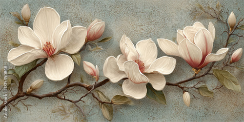 Delicate magnolia blossoms on a branch with subtle textured background