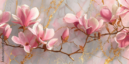 Delicate pink magnolia blossoms unfurling on a branch with a soft pastel background
