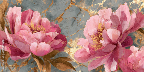  pink peonies blooming with soft textured background in a garden setting