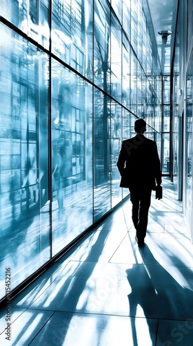 Businessman Walking Down a Bright Hallway