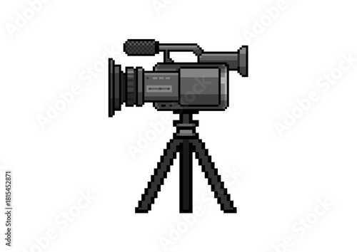 Pixel-style illustration of a black video camera mounted on a tripod, featuring detailed shading and a retro digital art look.