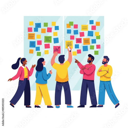 Team brainstorming session with sticky notes Collaborative planning and idea generation in office environment