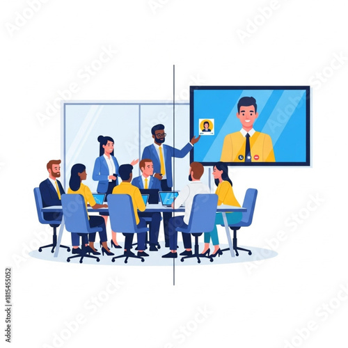 Professional team conducting a hybrid business meeting, with colleagues collaborating in an office boardroom while others participate remotely via a large video conference screen