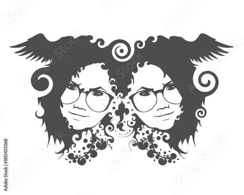 Two young women wearing spectacles face front view. Melted with spiral and decorated by curls. Elegant silhouette of a female heads.