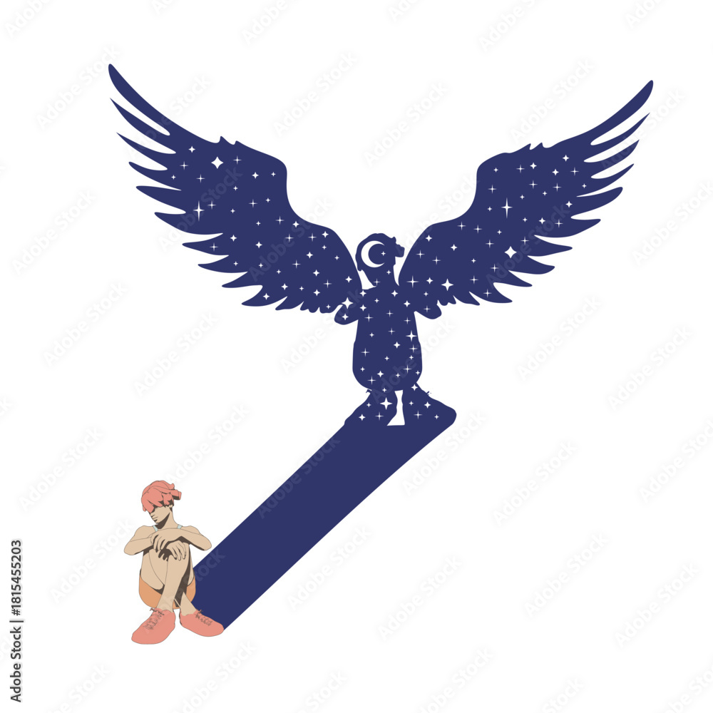 Fototapeta premium Illustration of a beautiful woman sitting on floor. Young attractive woman and her fantasy shadow as woman angel with huge bird wings. Moon and stars.