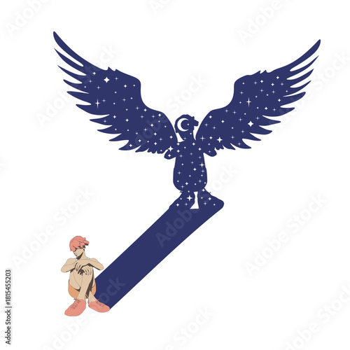 Illustration of a beautiful woman sitting on floor. Young attractive woman and her fantasy shadow as woman angel with huge bird wings. Moon and stars.