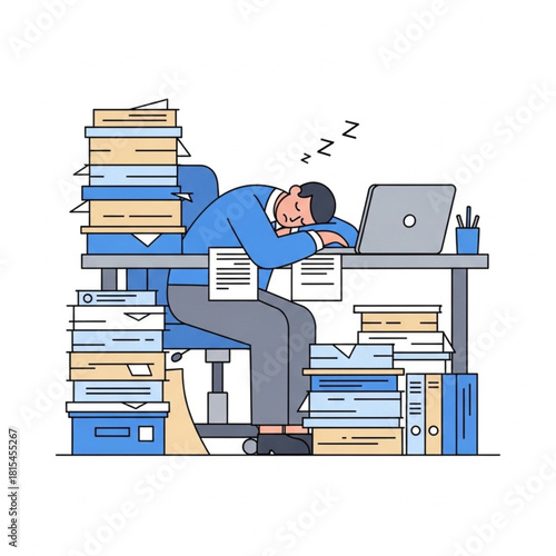 Exhausted office worker sleeping at a desk piled high with paperwork, a flat vector illustration of burnout and stress
