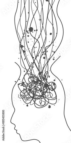 Stressed over thinking man with his head fuming. Psychotherapy, stress and psychosis. Brain damage, cognitive disfunction. A tangled nerves, symbolizing a depressed state of a person.
