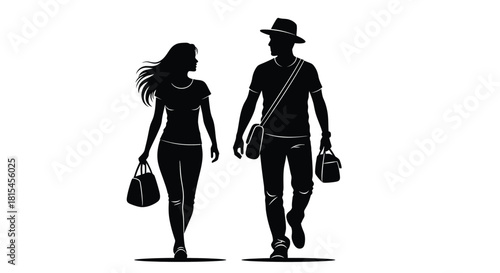 Stylish couple traveling together with bags on vacation vector art