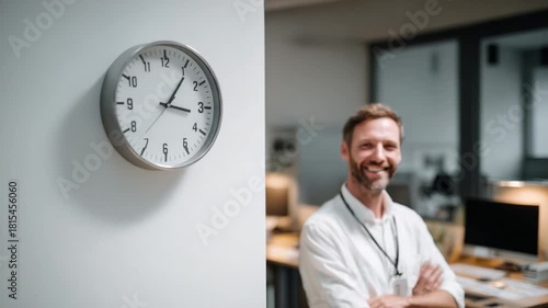 Time Management at Work: A modern wall clock hangs prominently on a simple wall, reflecting the passage of time, with a focused professional man in the office setting.