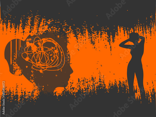 Young lady rise her hands to head. Woman suffering from head migraine. Stressed exhausted young woman having strong tension headache. A tangled nerves, symbolizing a depressed state of a person.