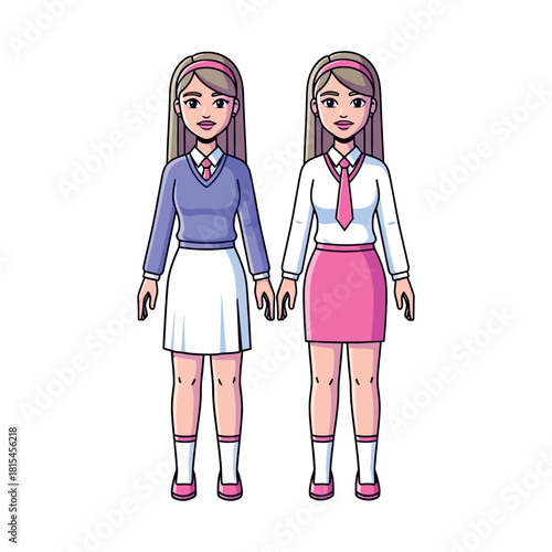 Illustration of Two Girls Standing Side by Side, Featuring School Uniforms and Matching Hair