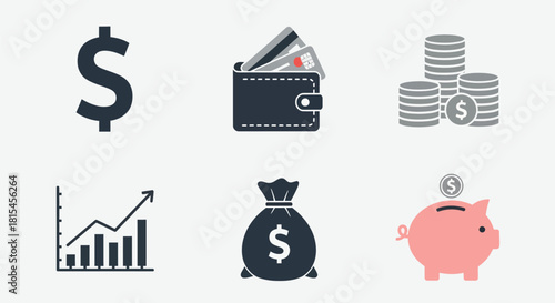 Financial success icons showing growth, savings, wallet, and dollar sign