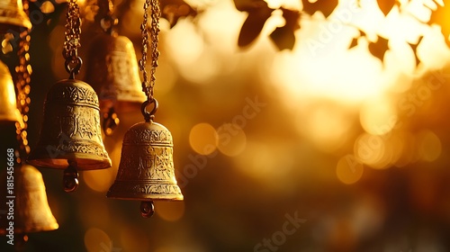Golden sunlight illuminates hanging wind chime bells