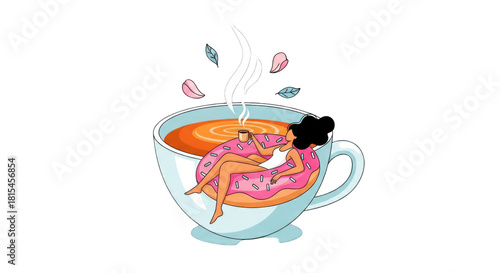 A woman relaxing on a pink donut float in a giant teacup.
