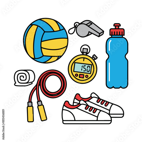 Set of sport items with water bottle ball stopwatch whistle and shoes