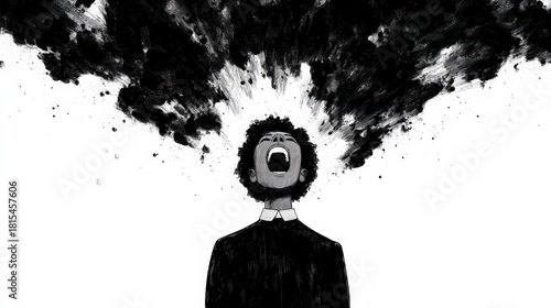 A monochromatic illustration of a person screaming, with dark, chaotic clouds emanating from their head, symbolizing intense emotion or mental turmoil.